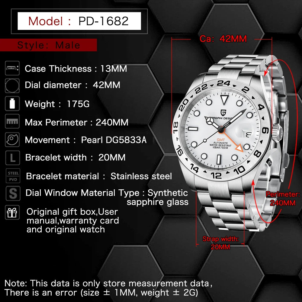 Pagani Design PD-1682 — GMT automático 42 mm estilo Explorer II con zafiro