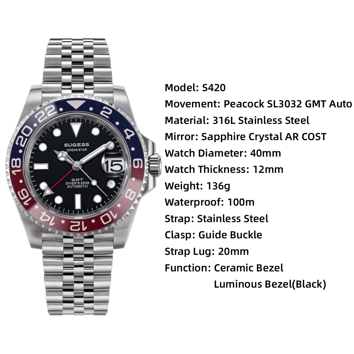 Sugess GMT — Diver automático con Peacock SL3032 y pulsera Jubilee