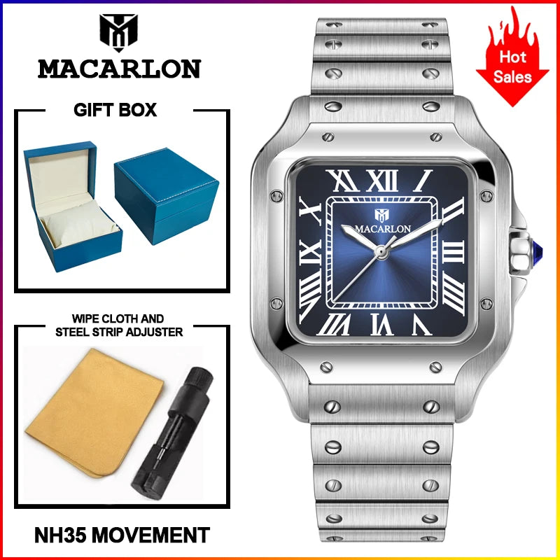 Macarlon Santos — Reloj automático cuadrado 38 mm con zafiro y Seiko NH35