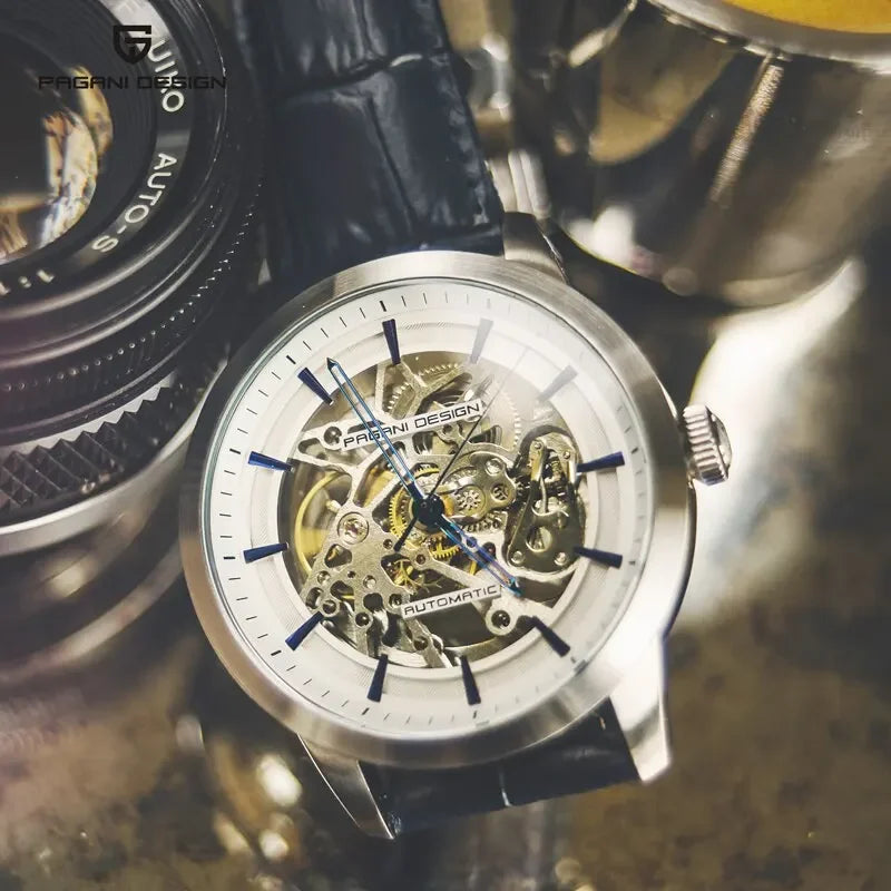 Pagani Design Skeleton — Reloj automático esqueleto con correa de cuero