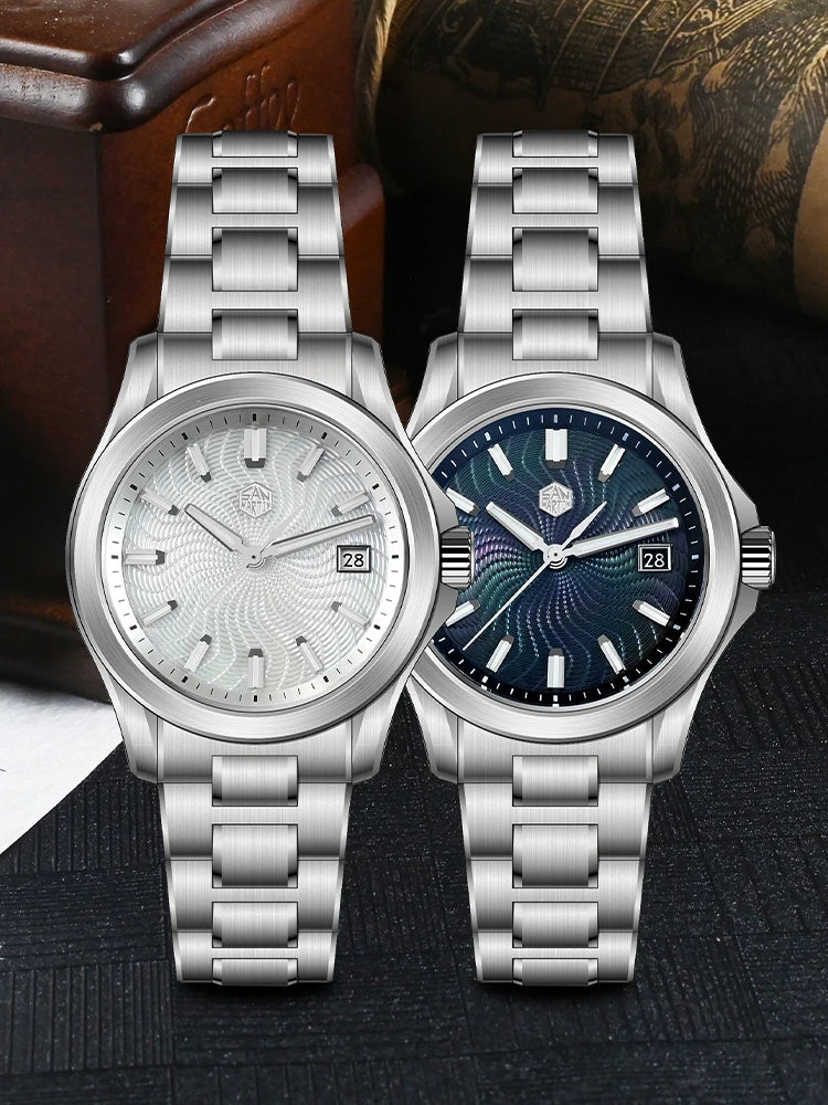 San Martin SN0150 — Reloj guilloché con esfera MOP y Miyota 9015 (39 mm)