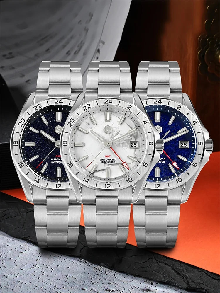 San Martin SN0129 GMT — Reloj con esfera de piedra semipreciosa y NH34 (39 mm)