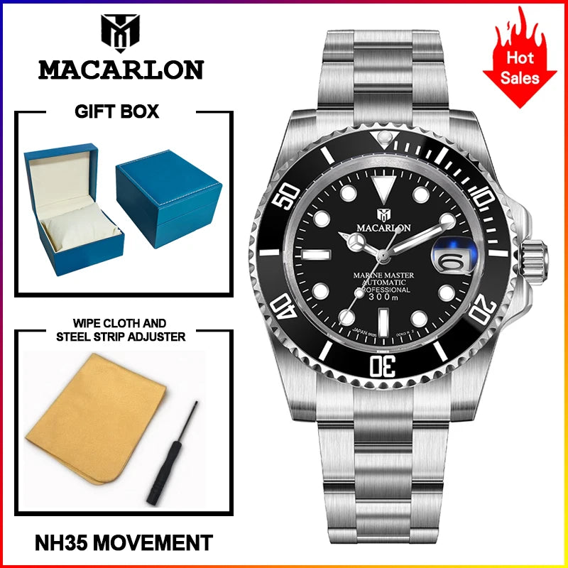Macarlon Black Bay 41 mm — Diver automático con zafiro y Seiko NH35