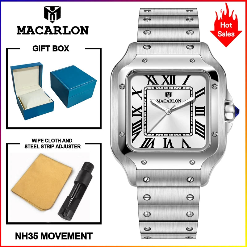 Macarlon Santos — Reloj automático cuadrado 38 mm con zafiro y Seiko NH35