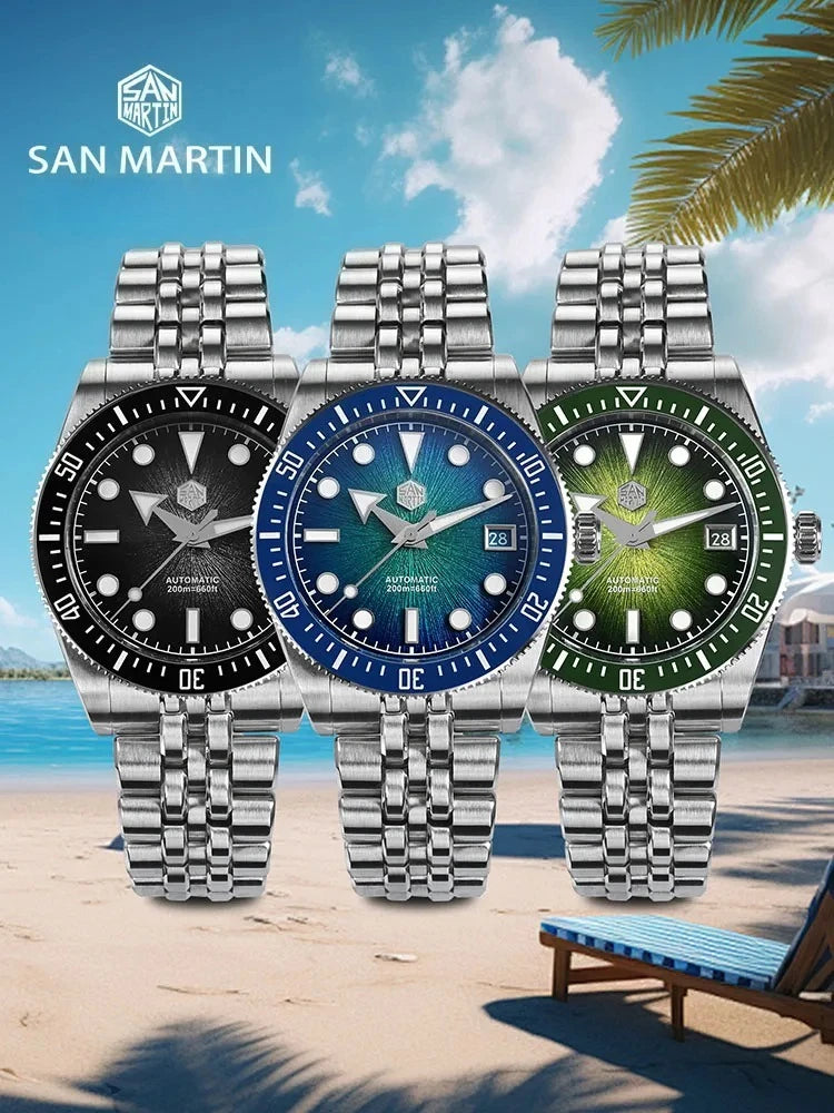 San Martin SN0148-GX — Diver esfera esmalte sunburst con Miyota 9015 (37,5 o 40 mm)