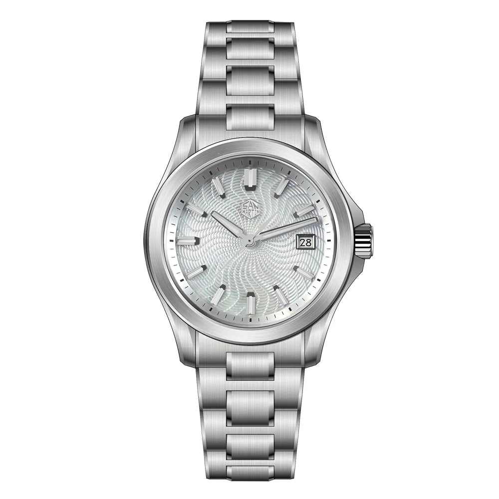 San Martin SN0150 — Reloj guilloché con esfera MOP y Miyota 9015 (39 mm)