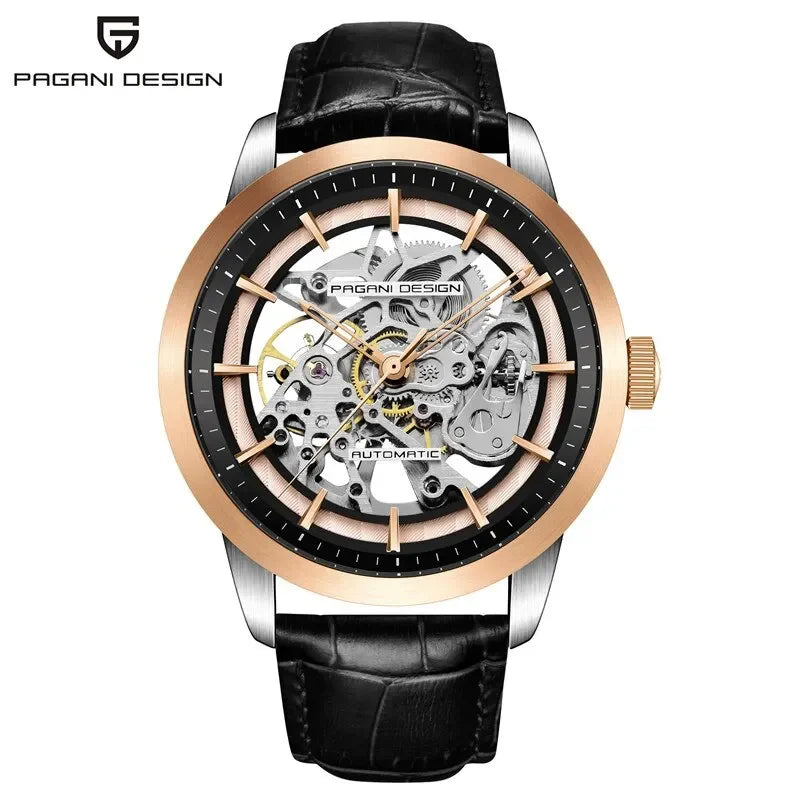 Pagani Design Skeleton — Reloj automático esqueleto con correa de cuero