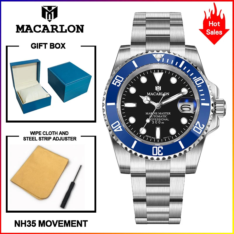 Macarlon Black Bay 41 mm — Diver automático con zafiro y Seiko NH35
