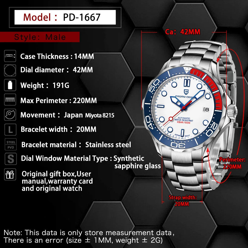 Pagani Design Automático — Reloj automático con Miyota 8215 y correa de caucho
