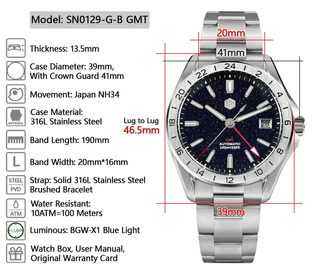San Martin SN0129 GMT — Reloj con esfera de piedra semipreciosa y NH34 (39 mm)