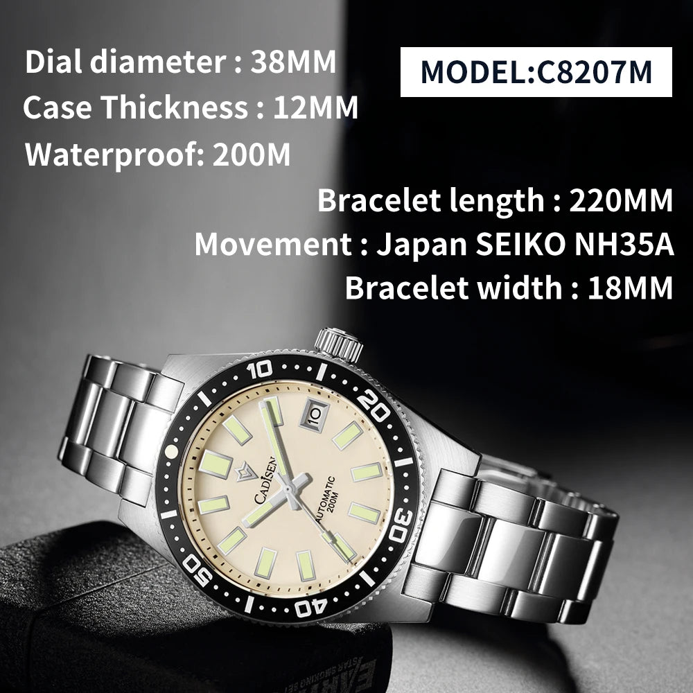 Cadisen Diver 38 mm — Reloj automático con zafiro y Miyota 8215 (20 ATM)