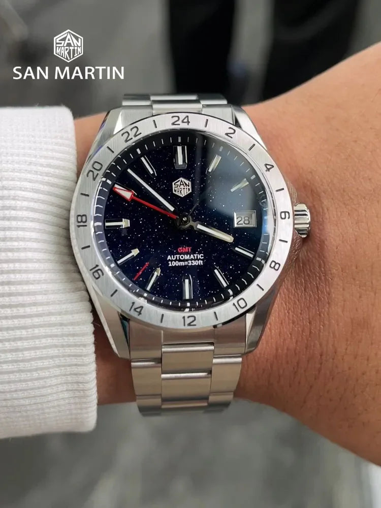 San Martin SN0129 GMT — Reloj con esfera de piedra semipreciosa y NH34 (39 mm)