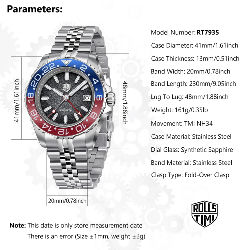 RollsTimi GMT — Automático con bisel cerámico, zafiro AR y Seiko NH34