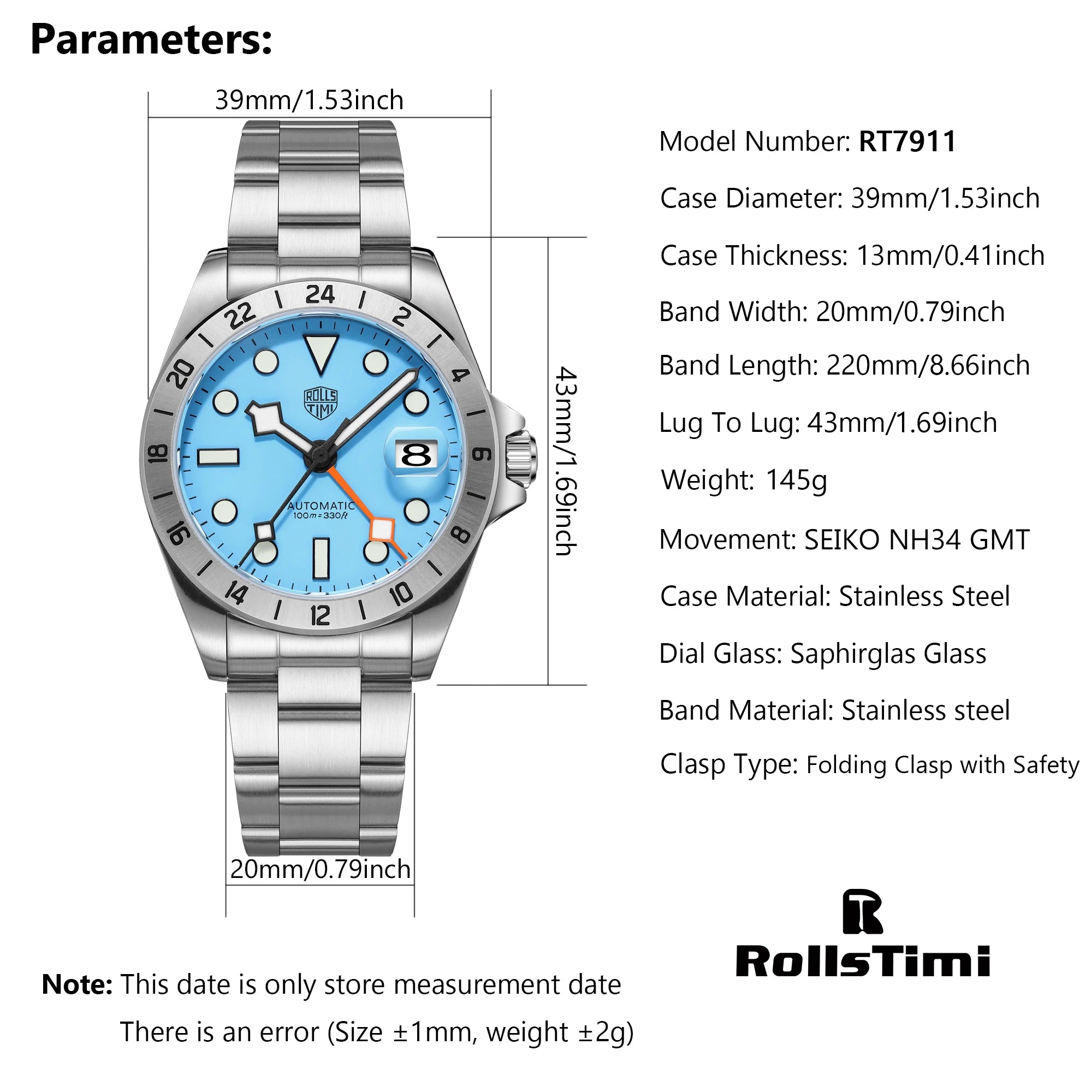 RollsTimi Explorer II — GMT automático con zafiro y Seiko NH34