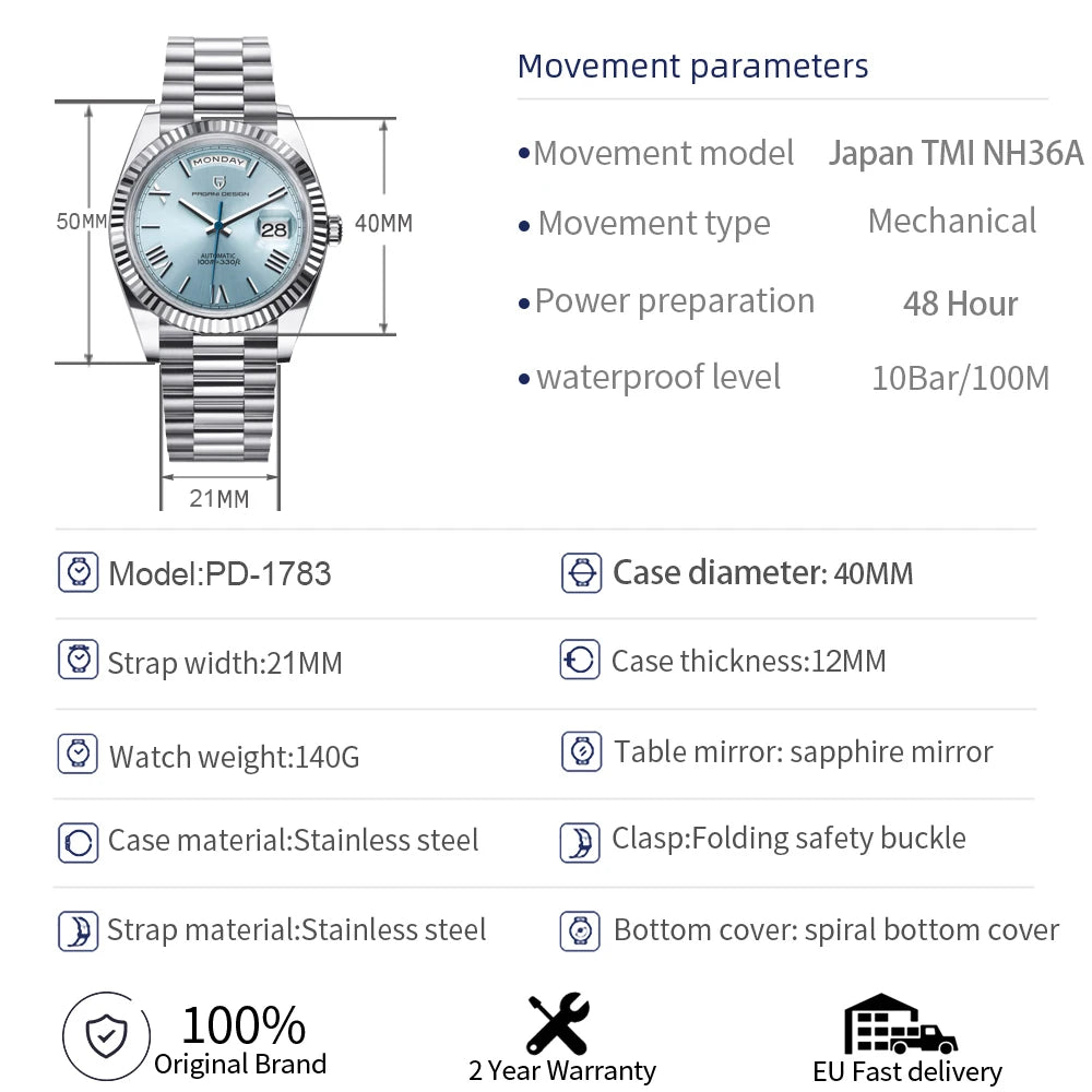 Pagani Design Day-Date — Reloj automático 40 mm con día y fecha y pulsera President