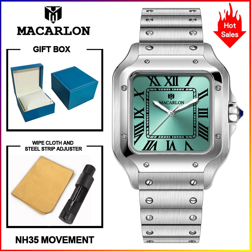 Macarlon Santos — Reloj automático cuadrado 38 mm con zafiro y Seiko NH35
