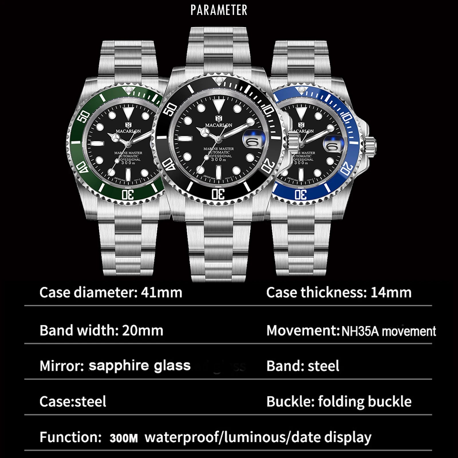 Macarlon Black Bay 41 mm — Diver automático con zafiro y Seiko NH35