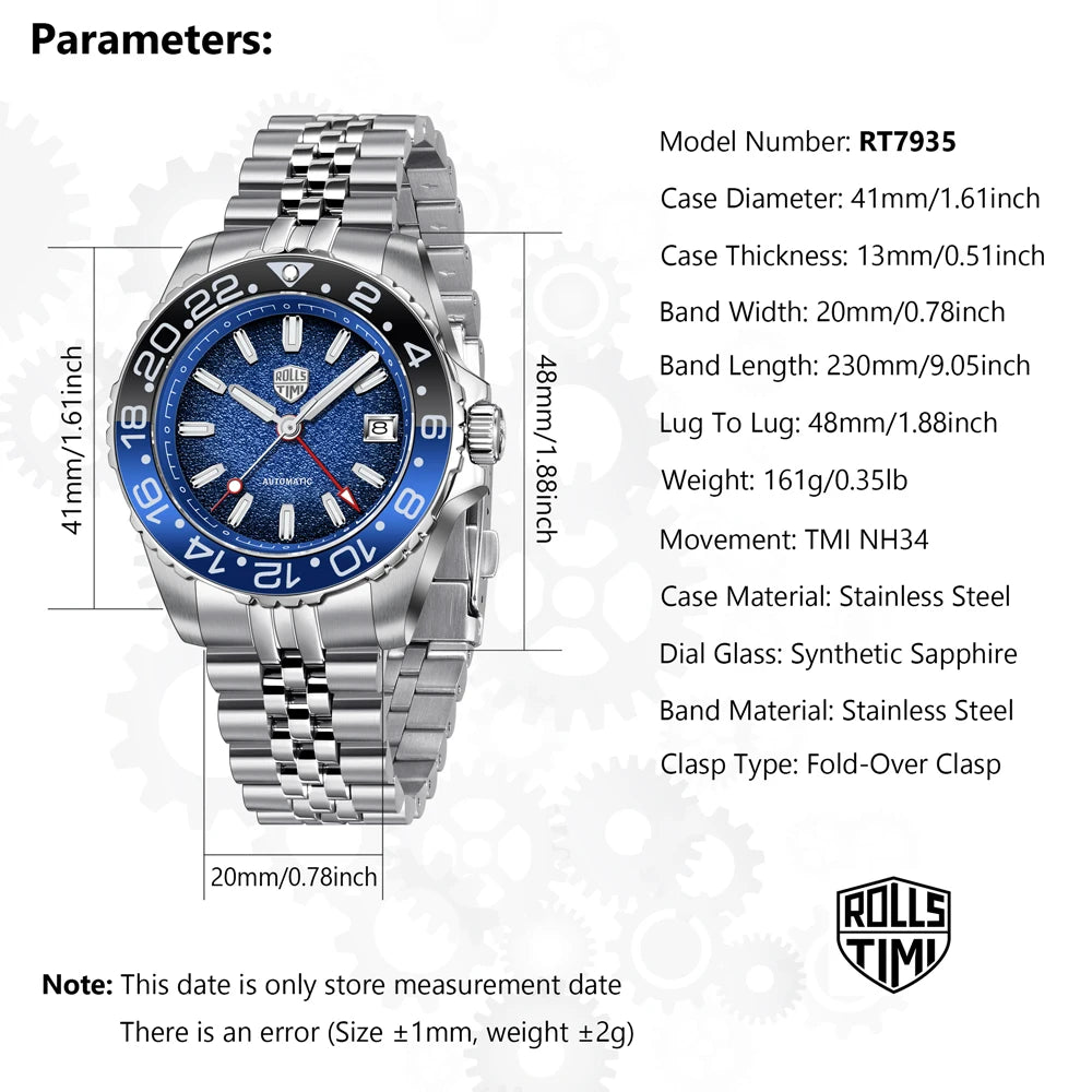 RollsTimi GMT — Automático con bisel cerámico, zafiro AR y Seiko NH34