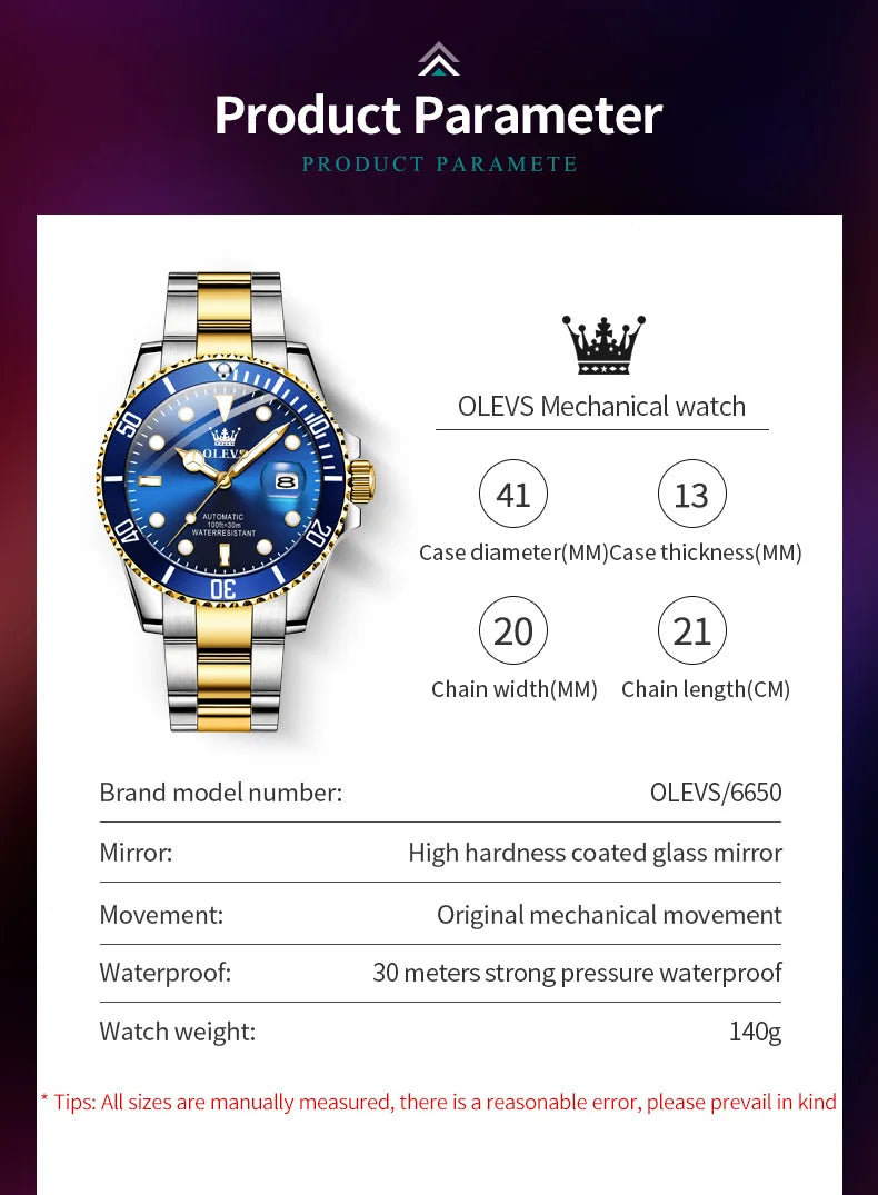 OLEVS 6650 — Reloj automático Datejust con incrustaciones de circonita