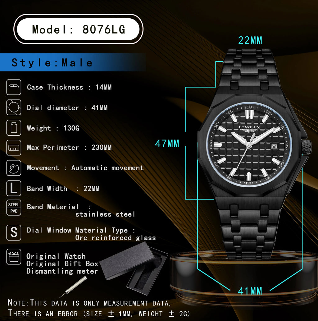 Longlux 8076LG — Reloj automático asequible con fecha en acero