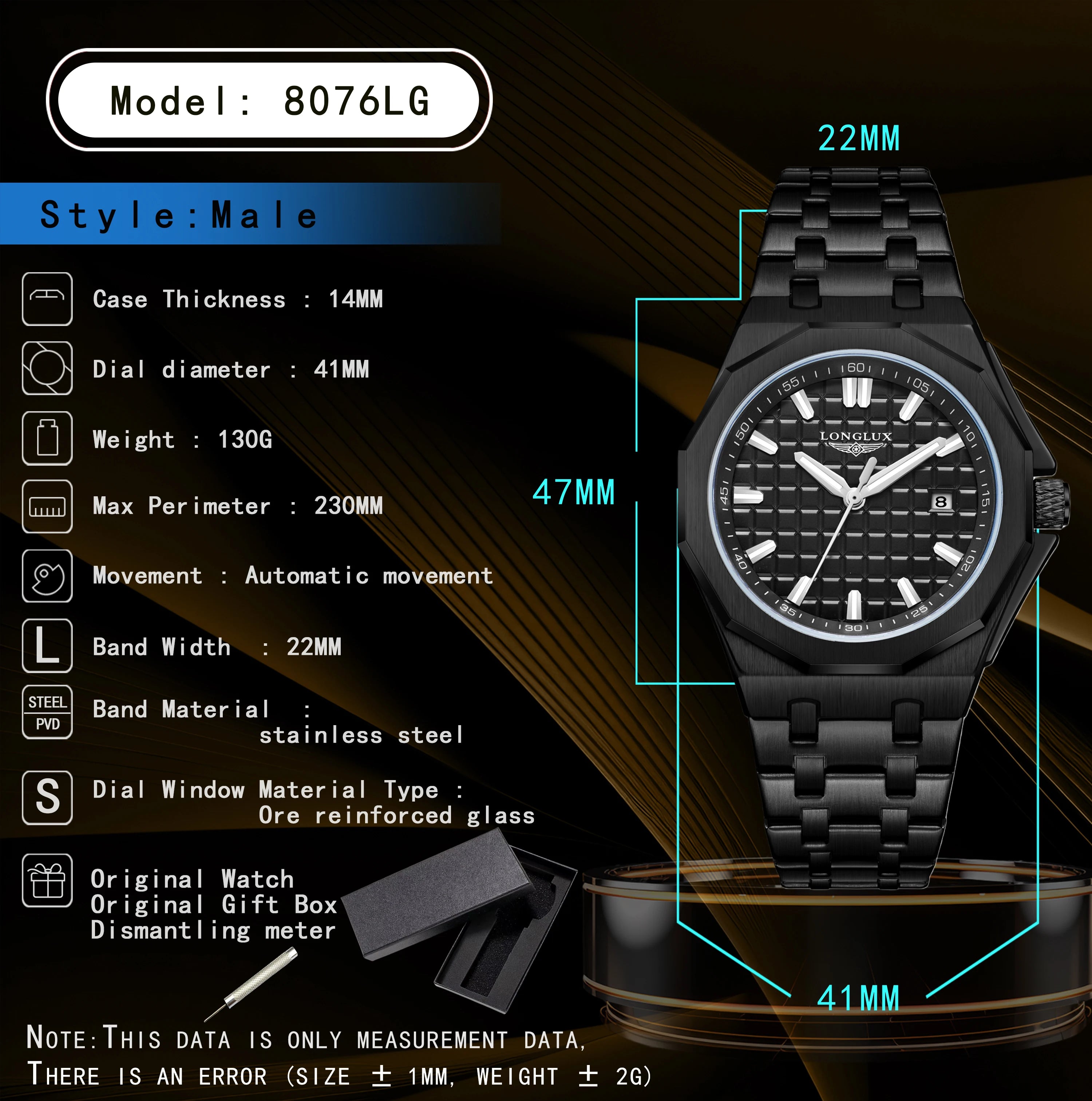 Longlux 8076LG — Reloj automático asequible con fecha en acero