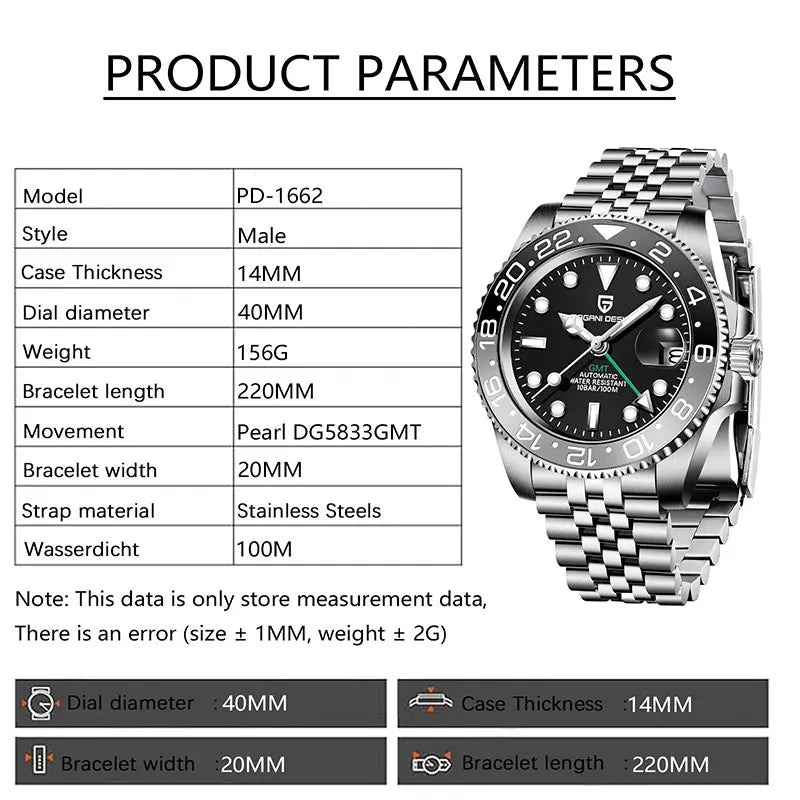 Pagani Design GMT — Reloj de viaje automático 40 mm con zafiro y pulsera Jubilee