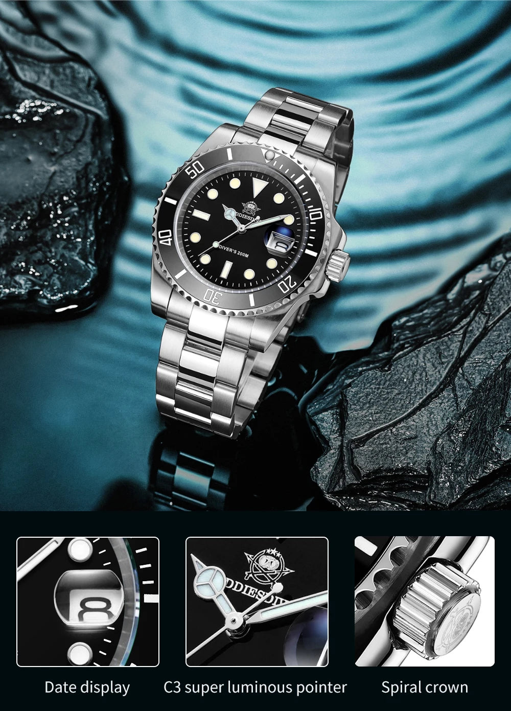 AddiesDive Diver — Reloj automático con bisel cerámico y BGW9 (20 ATM)