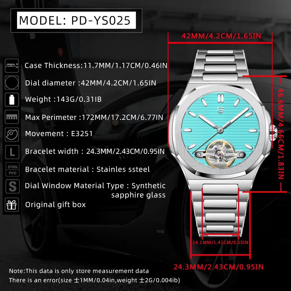 Pagani Design Semi Skeleton — Reloj automático con rotor visible y zafiro AR