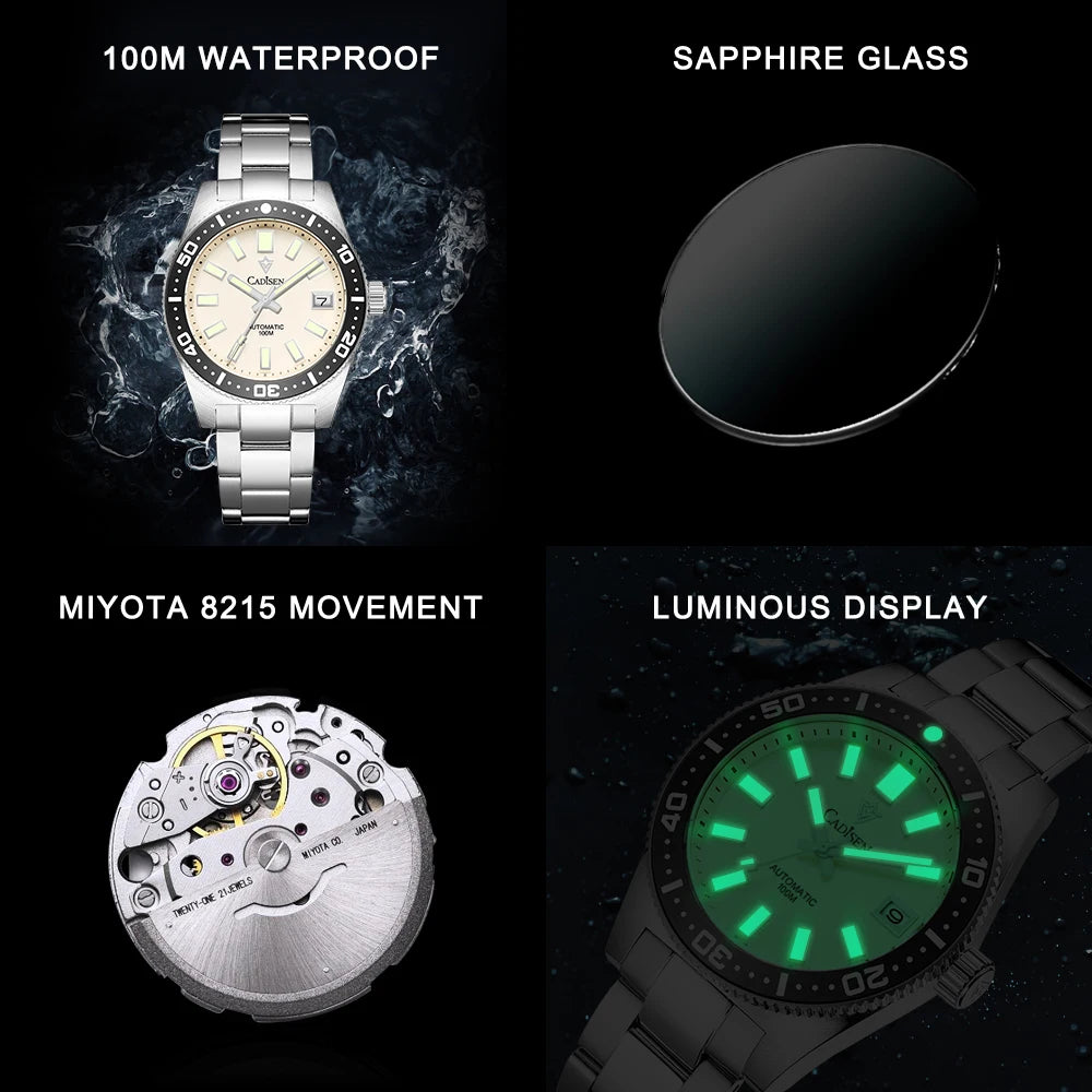 Cadisen Diver 38 mm — Reloj automático con zafiro y Miyota 8215 (20 ATM)