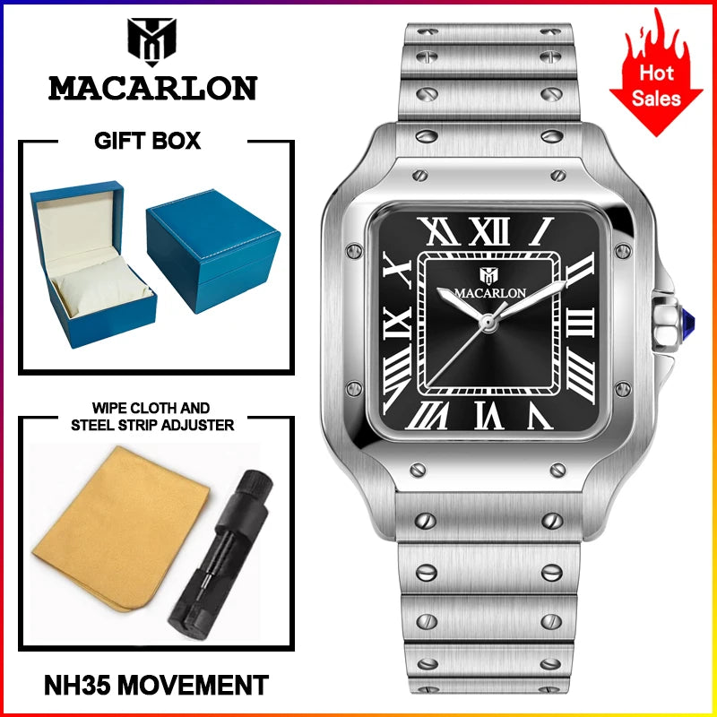 Macarlon Santos — Reloj automático cuadrado 38 mm con zafiro y Seiko NH35