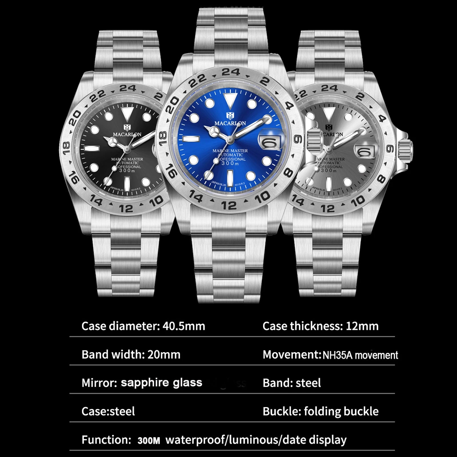 Macarlon Explorer II — Reloj automático con zafiro y Seiko NH35