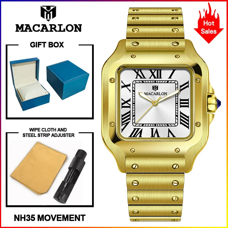 Macarlon Santos — Reloj automático cuadrado 38 mm con zafiro y Seiko NH35