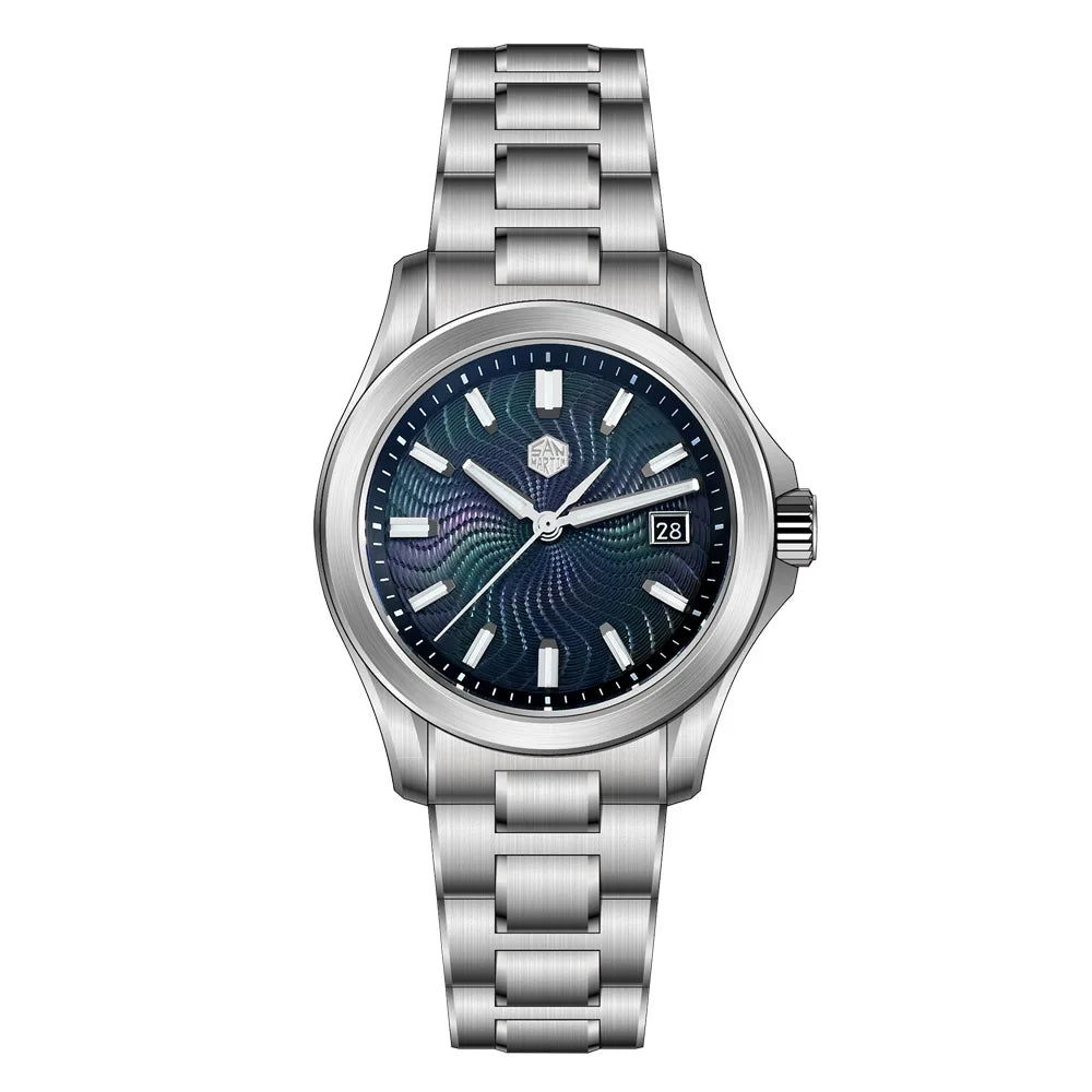 San Martin SN0150 — Reloj guilloché con esfera MOP y Miyota 9015 (39 mm)