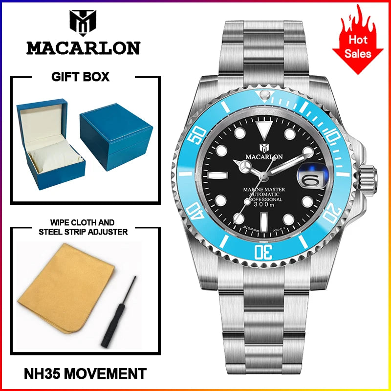 Macarlon Black Bay 41 mm — Diver automático con zafiro y Seiko NH35